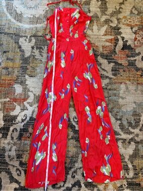 Urban Outfitters Red Floral Wide-Leg Jumpsuit with Green & Blue Accents
